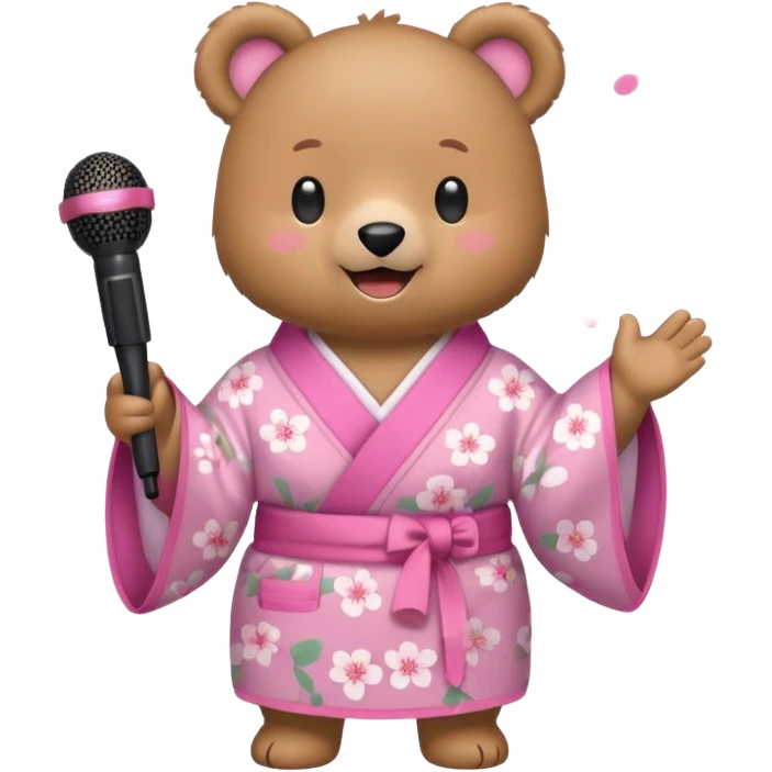 A cute light-brown bear wearing a pastel pink sakura-patterned kimono, normal balanced body ratio.  
Holding a microphone and singing happily, music notes floating around and a bright joyful smile.  
Kawaii emoji style, minimalistic clean sticker illustration, white background. emoji