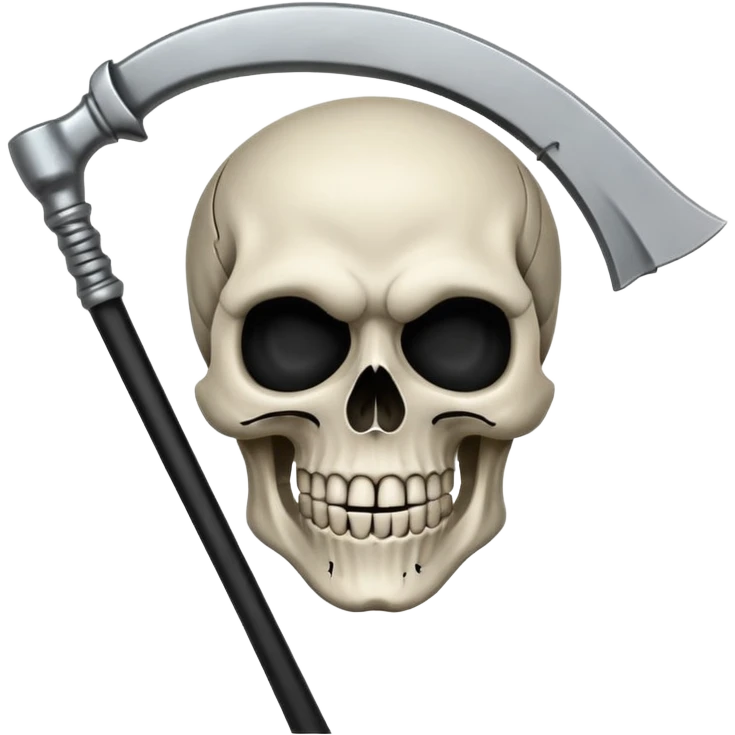 A laughing skull with a scythe crossed behind it, one eye socket winking. Clean, stylized lines, flat vector. Medieval woodcut style. Black and white with one accent color (tarnished silver). No background. emoji