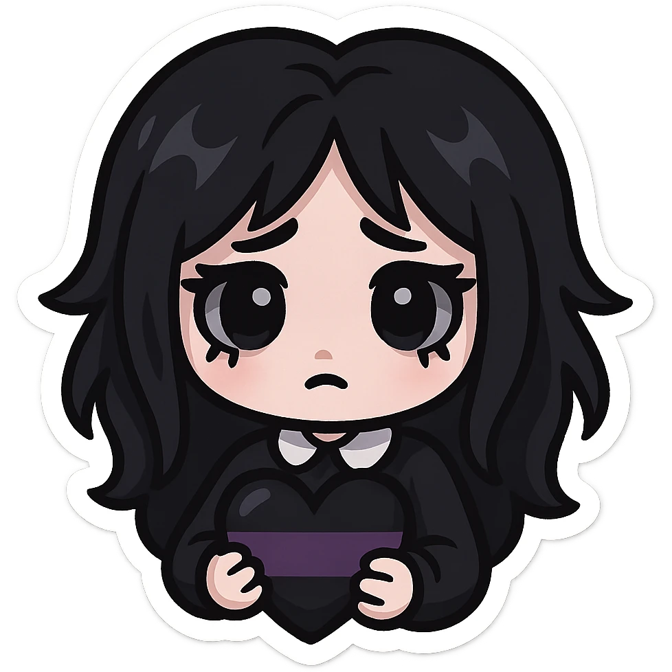 gothic chibi sticker, black and purple heart, cute and expressive, emoji style emoji