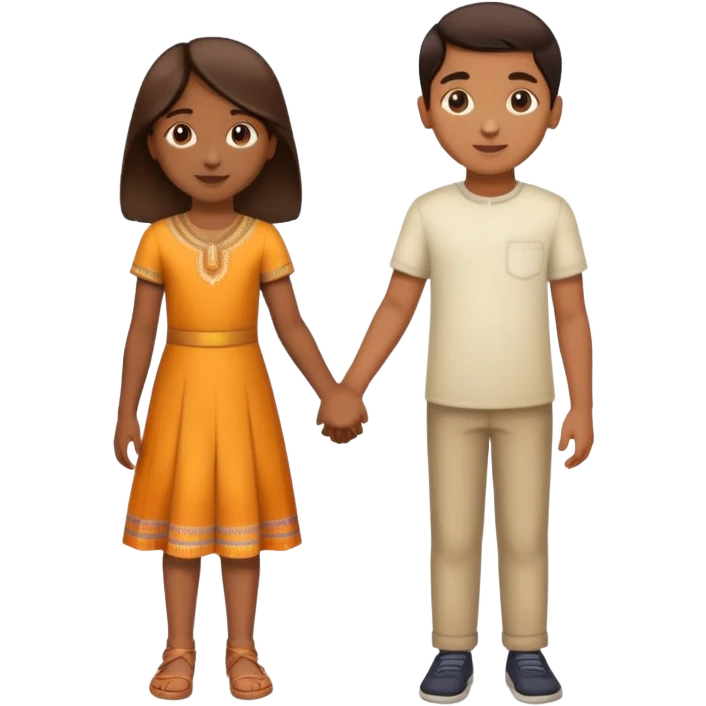 boy and girl holding hands, both Indian, boy with lighter brown skin, girl with medium brown skin, both around age 5-6 emoji