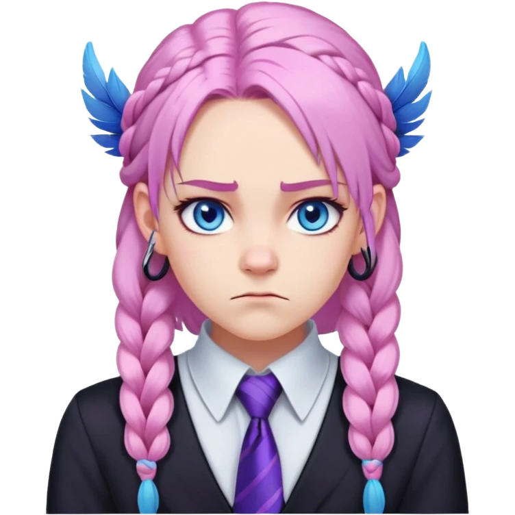 Long-pale-pastel-pink-hair with one braid on each side, grumpy expression, purple-pink feather-ear-cuffs in hair, black bodysuit, blue eyes, pink iris, blue tie emoji