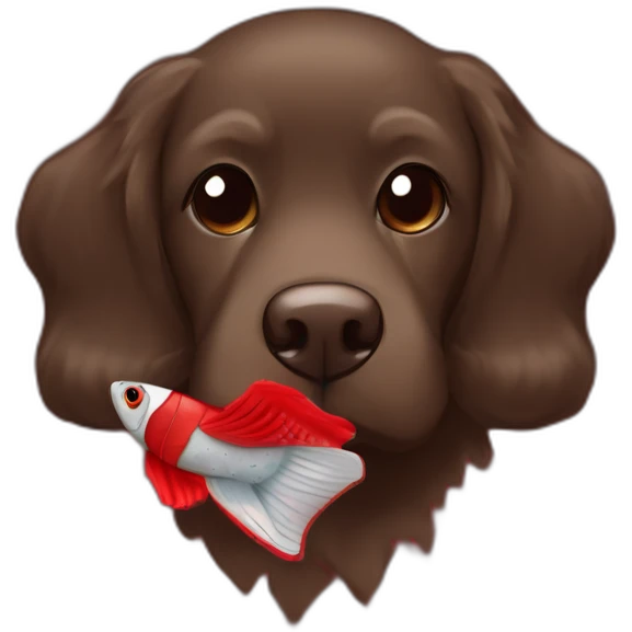 Chocolate brown colored doodle with a red and black flannel hankerchief holding a plush trout fish chew toy emoji