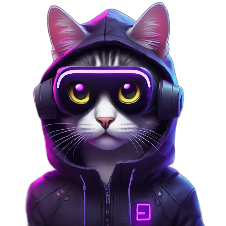 Russian cat wearing a black hoodie with "OMG" letters on it and VR headset in a cyberpunk VR environment with violet neon lighting. emoji