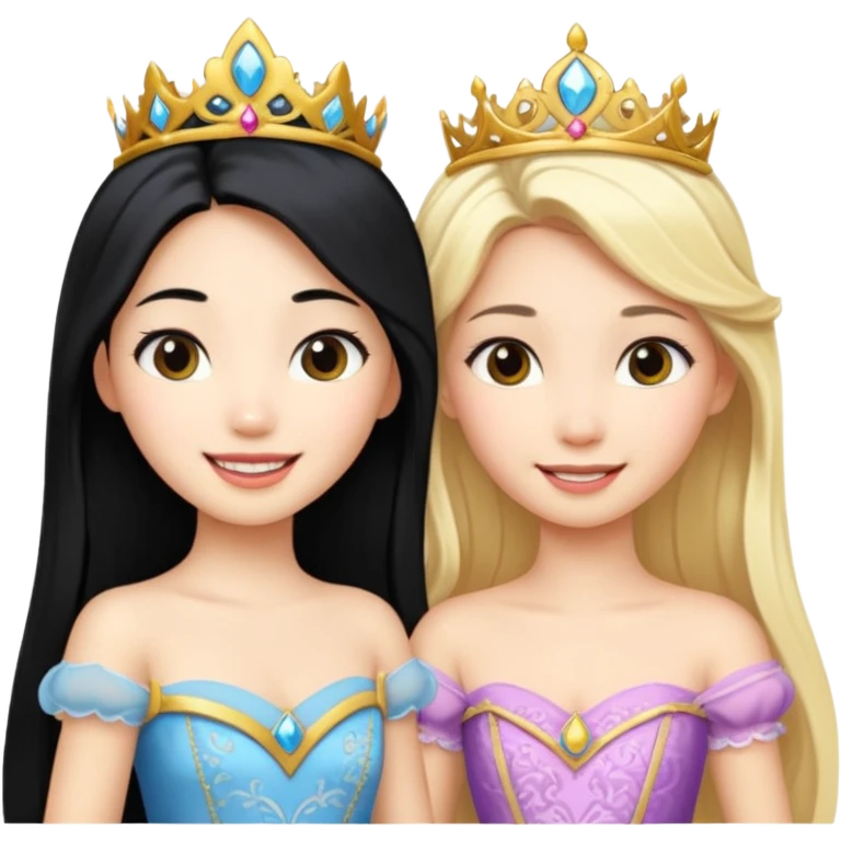 Asian girl black hair and blonde white girl dressed as princesses emoji