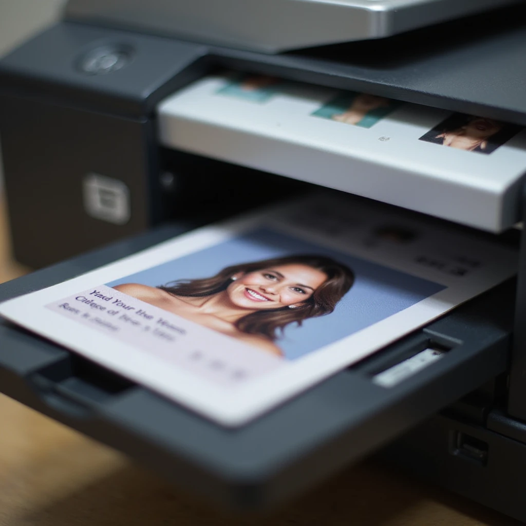 realistic thumbnail image for a passport size photo printing service, showing a modern printer with many printed passport photos, one photo in the foreground is highlighted and in sharp focus emoji