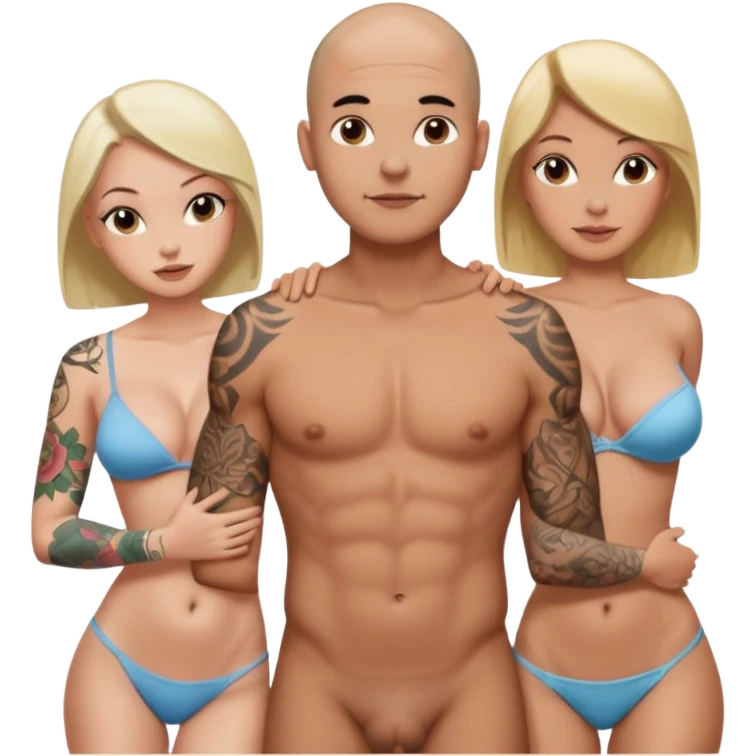 throuple tattooed sleeves bbald male with topless naked big boobed brunette and topless naked big boobed blonde girlfriends  loving  and sexy polygamy naughty  emoji