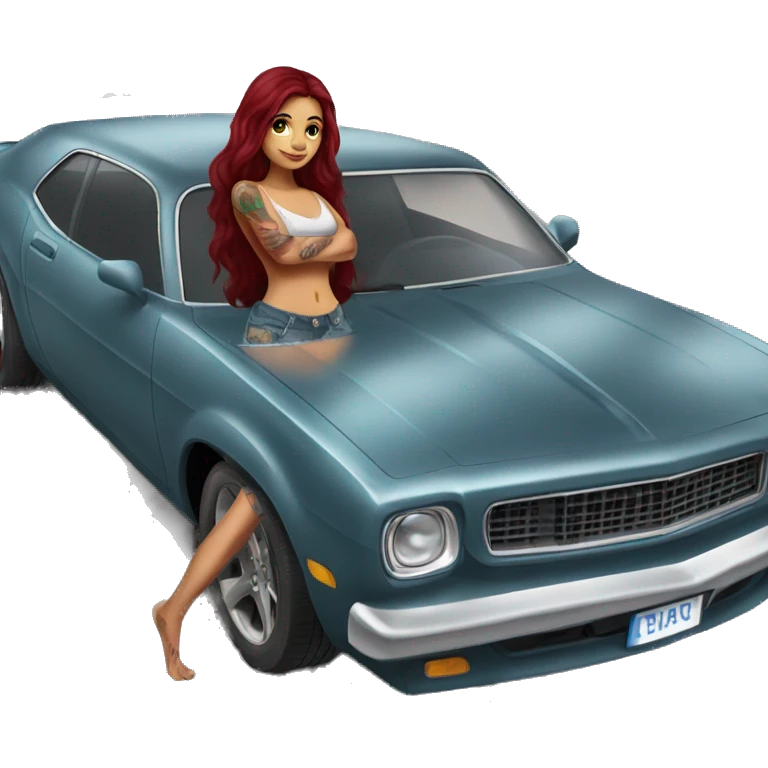 Beautiful tattooed burgundy long haired woman washing a car emoji