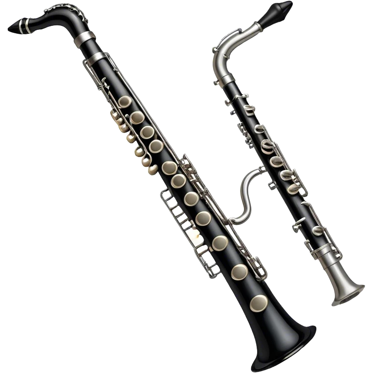 Create a sleek and professional emoji representing a black standard clarinet. The design should feature the smooth, black finish of the clarinet’s body with its shiny metal keys clearly visible. Highlight the mouthpiece with the reed at the top of the instrument. Include subtle details like the metal rings and key pads to emphasize its high-quality construction. Use black and silver tones to capture the classic and refined look of a traditional clarinet. Add soft musical notes around the instrument to evoke its melodic sound. The background should be transparent. emoji