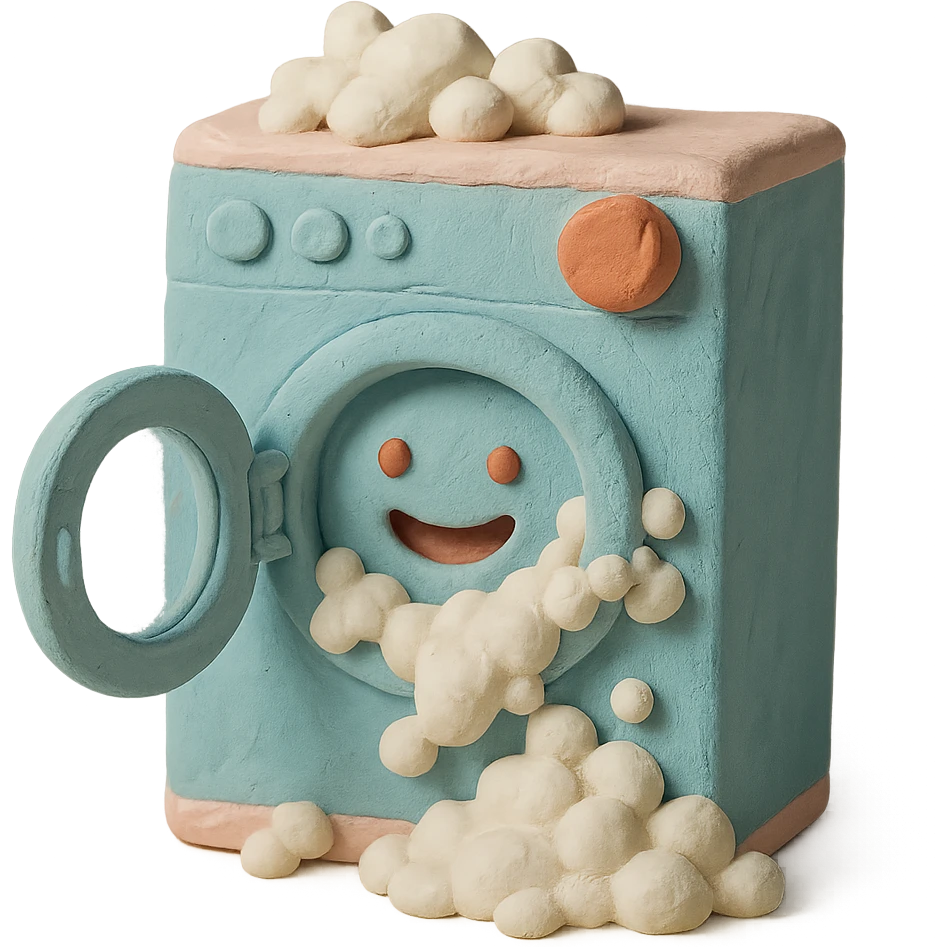playful washing machine in claymation style with bubbly soap and open door, pastel colors emoji