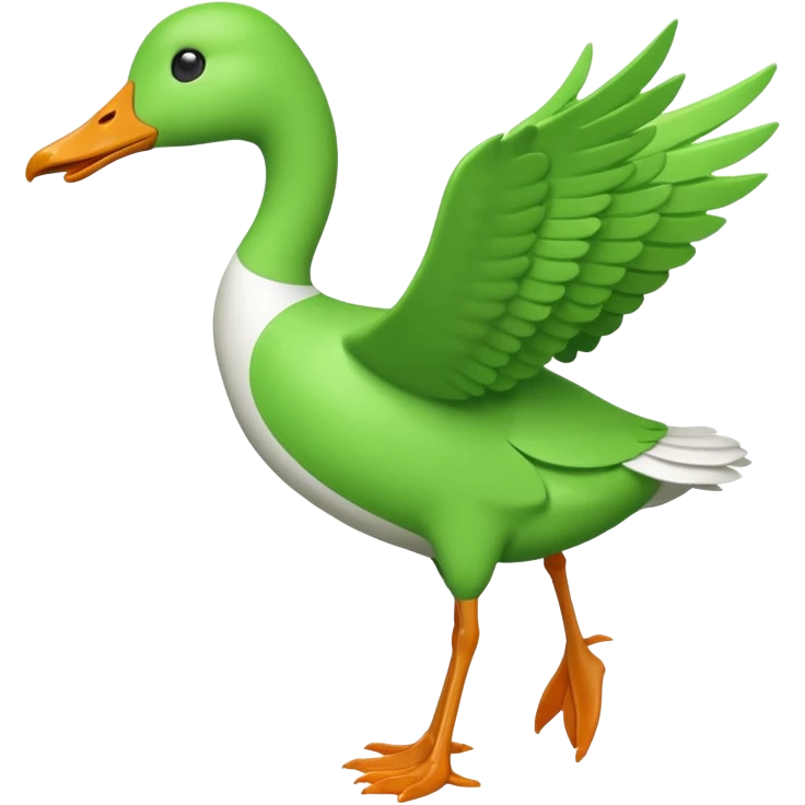 Emoji of a running goose with a very long neck and two legs. Use 🪿 shape but color it bright green (#39C700). The wings must be pressed tightly against the body, fully folded with no gap or spread. Do NOT show wings flapping or extended emoji