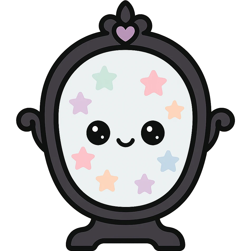 kawaii style magical gothic mirror, smiling face, black frame with purple heart details, reflecting pastel stars, fun and magical emoji