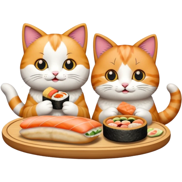 two happy cats eating sushi and pizza and donuts emoji
