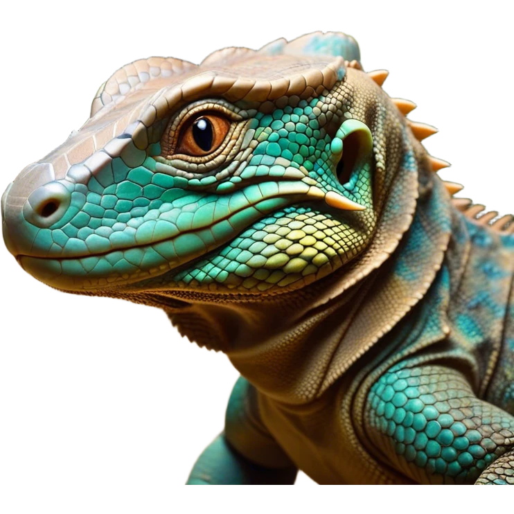 Cinematic Cute Komodo Dragon Lizard Portrait Emoji, Head tilted playfully and inquisitively, with a sleek, scaled form accented by vibrant hues and curious, sparkling eyes, Simplified yet irresistibly adorable features, highly detailed, glowing with a warm, lively glow, high shine, affectionate and spirited, stylized with a touch of exotic charm, bright and endearing, soft glowing outline, capturing the essence of a mischievous yet captivating lizard that seems poised to scurry out of the screen into your heart! emoji