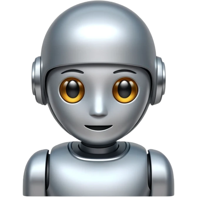 A cute futuristic robot emoji made of silver chrome, rounded friendly body, minimal facial features, glossy metallic surface, soft reflections, iOS emoji style, centered, clean white background emoji