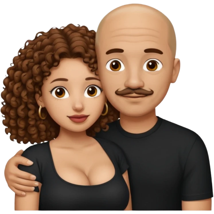A mixed girl, the girl is wearing a black shirt, the girl has brown curly hair  and the girl has big boobs. A Mexican man is embracing her, with bald hair and a short mustache  emoji