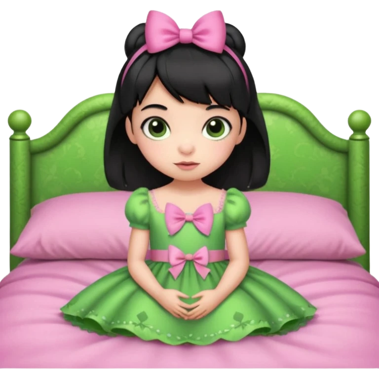princess frog on bed pink bow with a pink dress cute girly pop black hair short baby bangs emoji