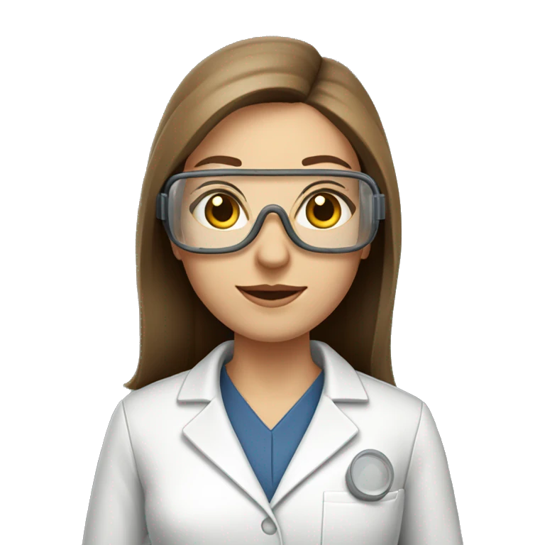 Pharmaceutical scientist woman with clear goggles, long straight brown hair and eyes and pale tan skin emoji
