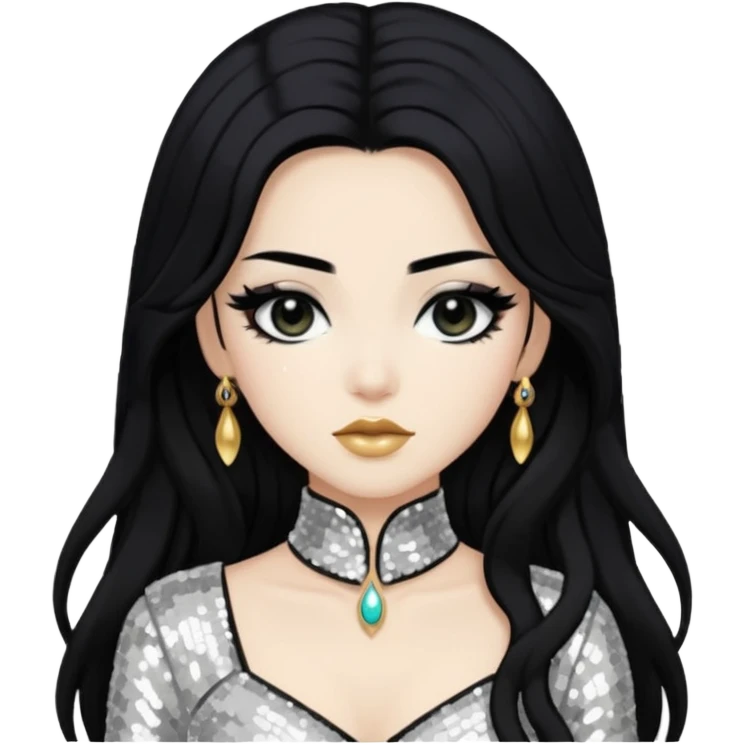 Anck Su Namun from Universal Monsters with long jet black hair, ivory sequin outfit  emoji