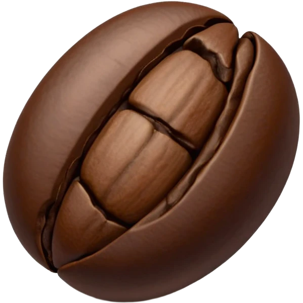 single coffee bean, three-quarter view, central groove visible, rich dark brown, subtle highlights and shading, smooth slightly glossy natural texture, realistic, non-anthropomorphic, minimal, 3D, soft shadows emoji