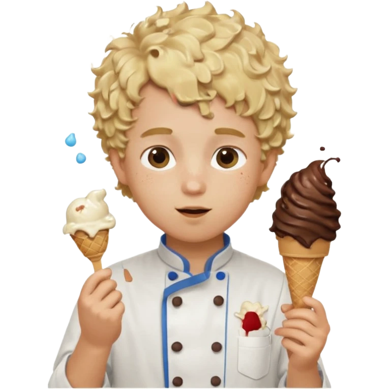 boy blonde curly hair, chef, eating chocolate ice cream emoji