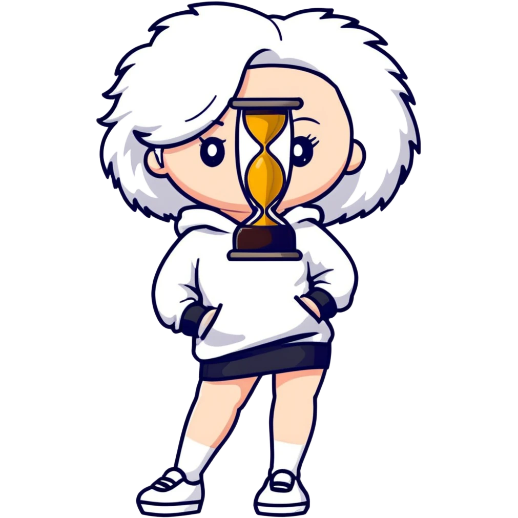 Female with slim hourglass figure, white big hair, wearing white sweatshirt, black skirt, and white shoes, full body pose emoji