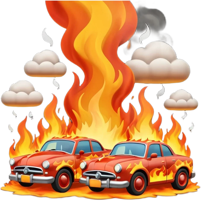 A 3D cartoon scene of cars on fire with smoke rising, chaotic atmosphere, realistic lighting, Memoji-style. emoji