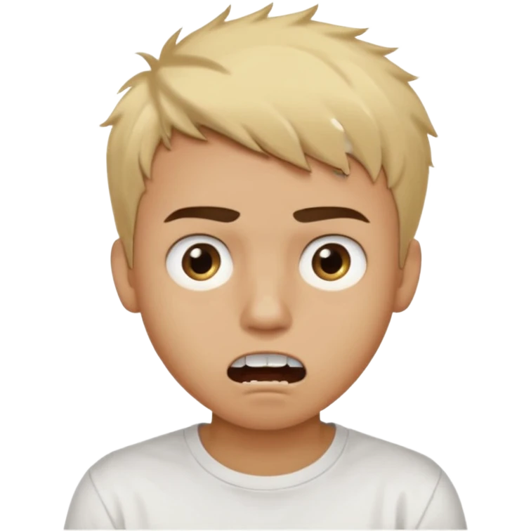 Short buzz, messy blonde hair. Dark brown bushy eyebrows large expressive golden-brown eyes, wearing a plain white t-shirt. Male Teenager. light Dark Brown skin color. Confused mouth gape showing teeth emoji