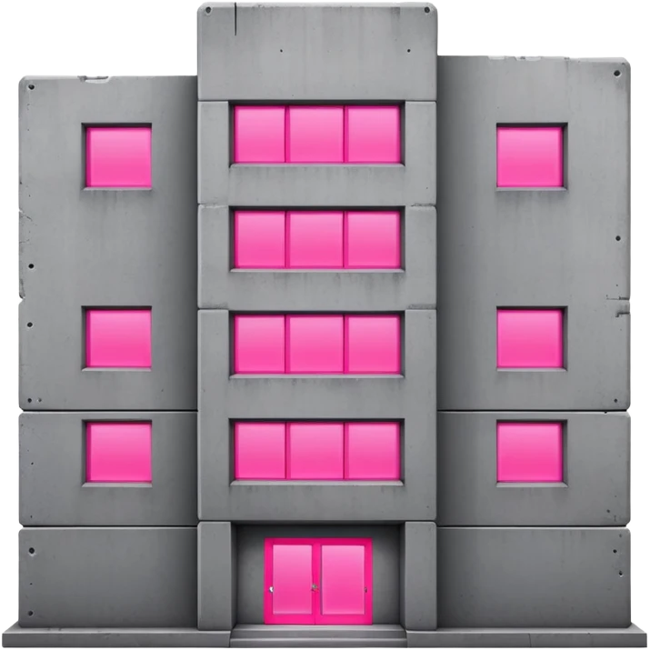 brutalist gray concrete block building with one neon pink window and several regular windows emoji