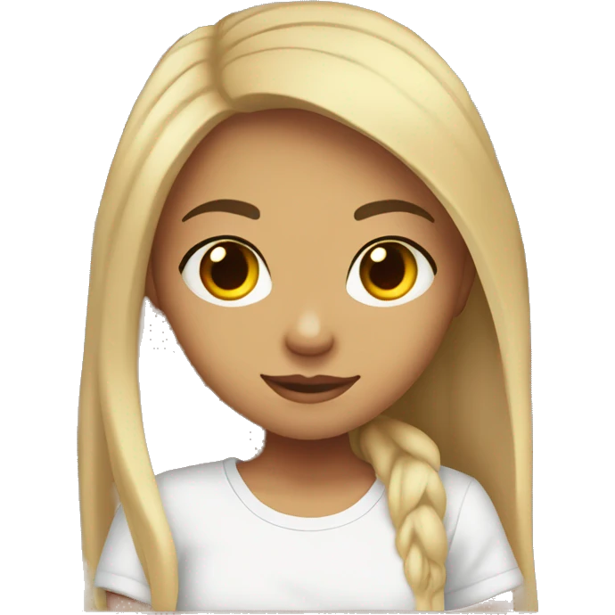 a girl with a light skin tone, dark long hair, in a white T-shirt, sits in front of a computer, there are books next to her emoji
