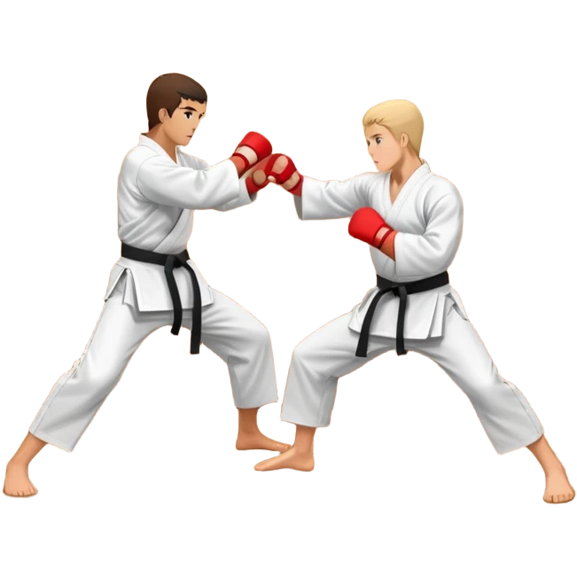 An icon representing traditional Karate, featuring two opponents in a martial arts dojo. One is performing a powerful punch, while the other defends with a block. The background showcases a classic dojo setting with wooden floors and sliding doors. Transparent background emoji