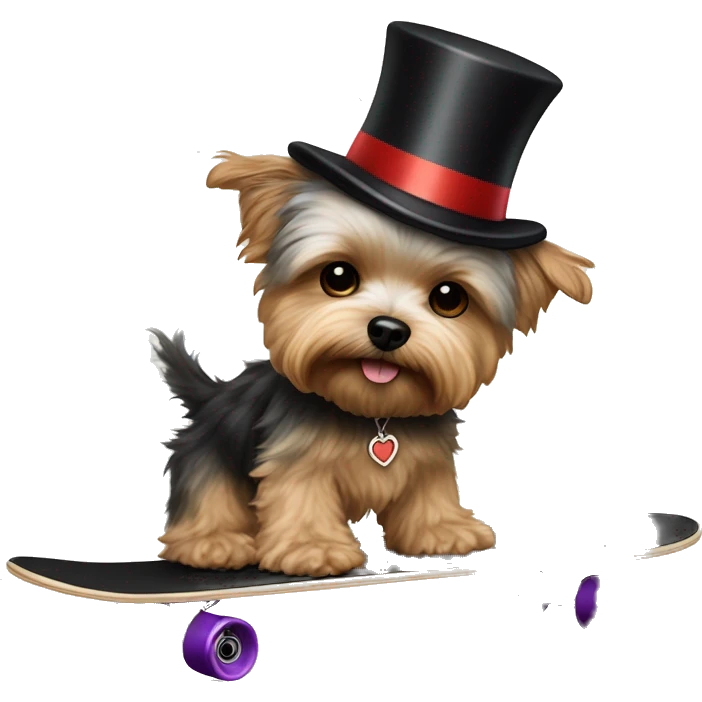 yorkie bichon mix. dog with light tan curly fur, very very long ears down. dark brown eyes, mouth closed. wearing a top hat on a skateboard emoji
