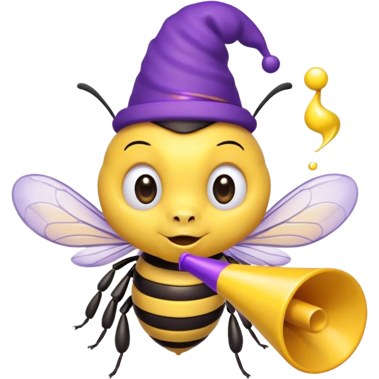 a Bee with purle Birthday Hat, Bee blowing party horn emoji