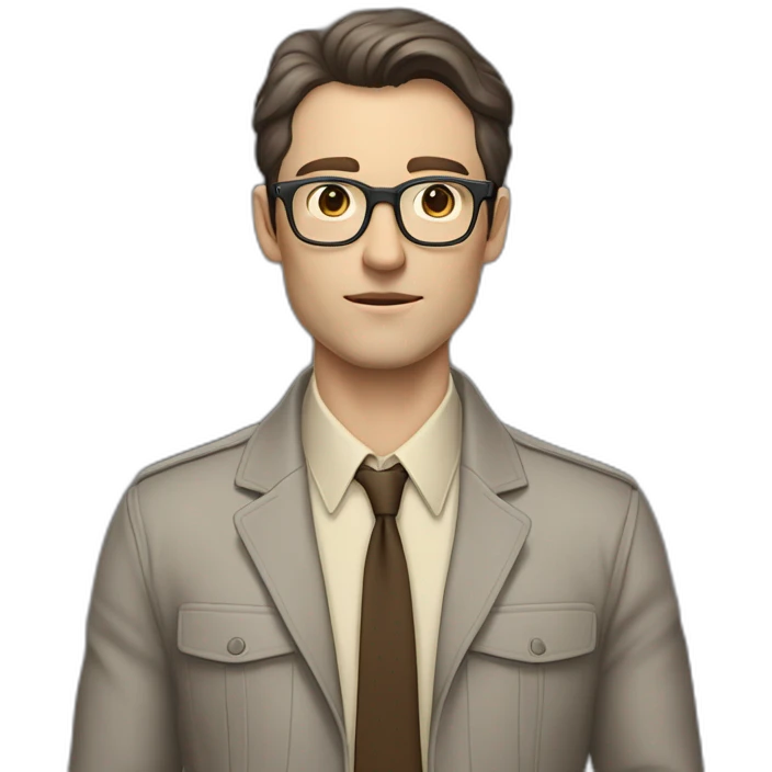 Full height Pale skinned Fit Man With dark brown hair in gray jacket, beige office shirt, tie, Brown pants and vintage glasses. Thrumbs of his palms directed up emoji