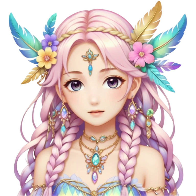 Beautiful gorgeous anime lady with beautiful iridescent-braided-hair, fashion aesthetic, ethereal, fairycore, pastelcore, feathers, flowers, gems, accessories, jewelries, gold, colorful emoji