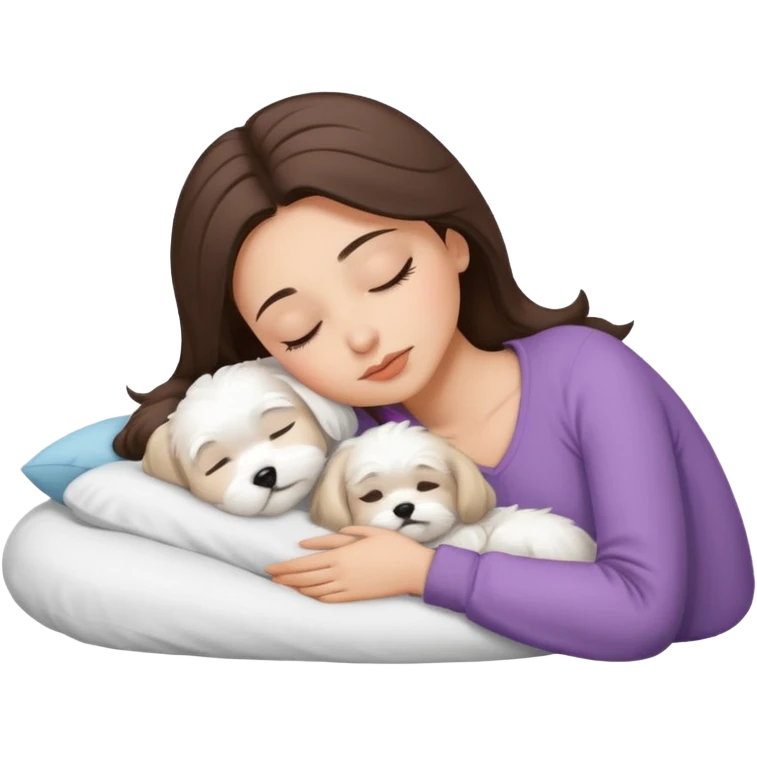 brunette woman with light skin sleeping with white maltese emoji