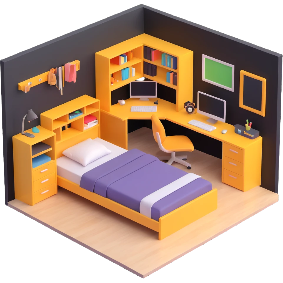 3D layout of teen bedroom with bed against wall, corner desk, and storage units emoji