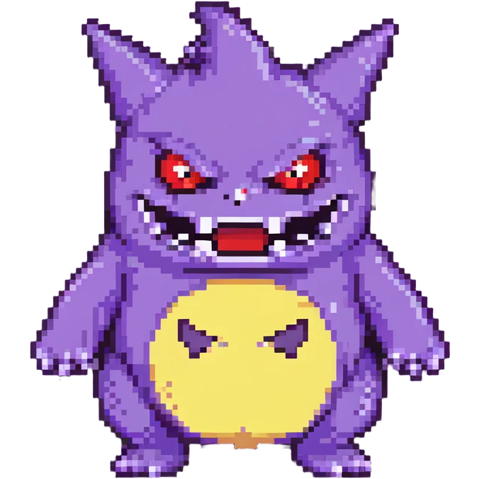 Gengar, the purple ghost Pokemon with red eyes and a mischievous grin emoji