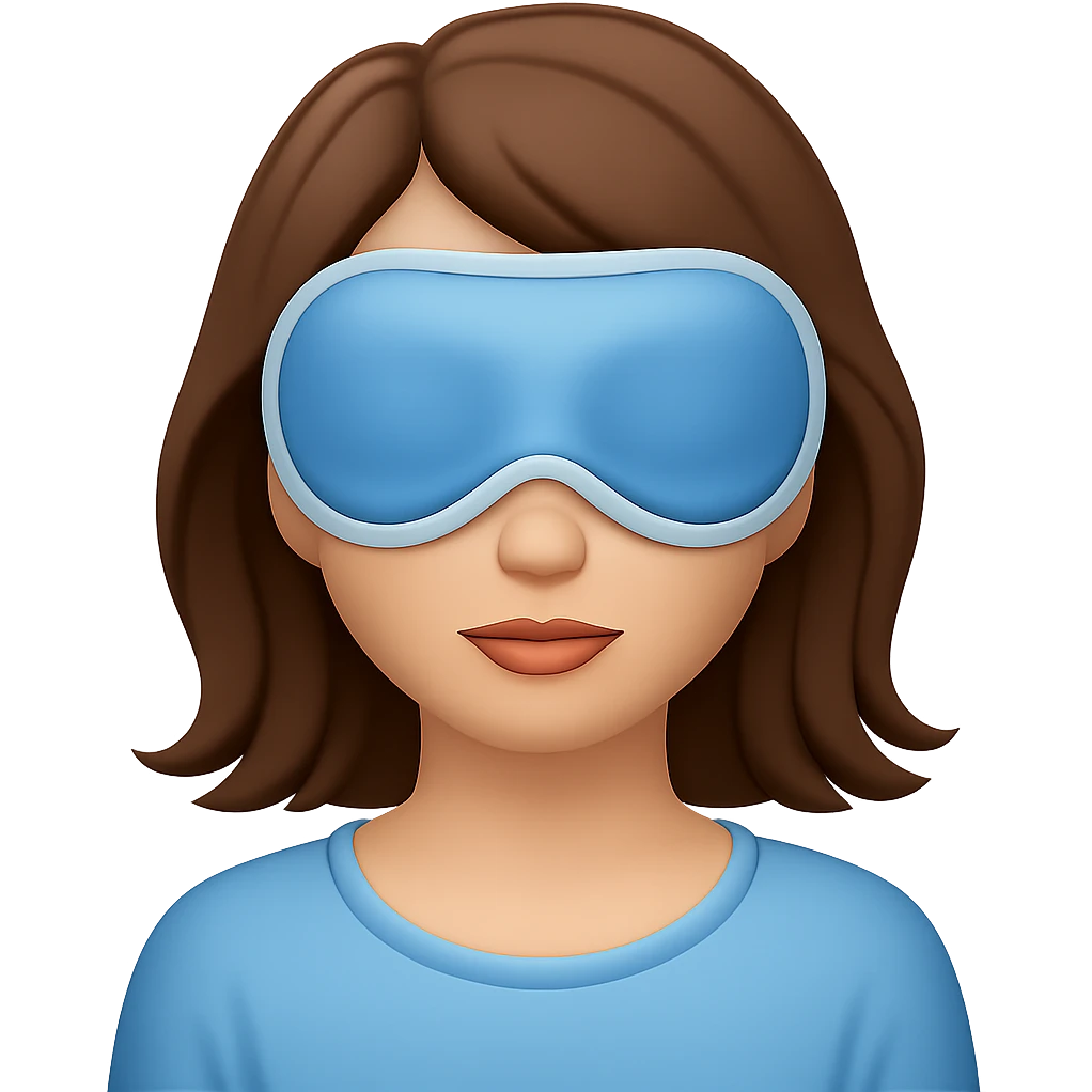 Apple emoji style woman with a sleep eye mask fully covering her eyes, brown hair, no pillow, no background emoji