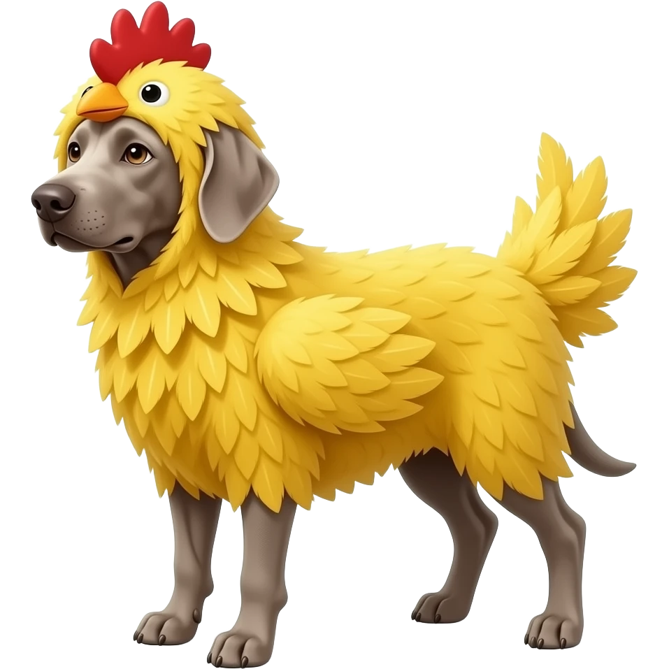 Gray Weimeraner dressed as a chicken emoji