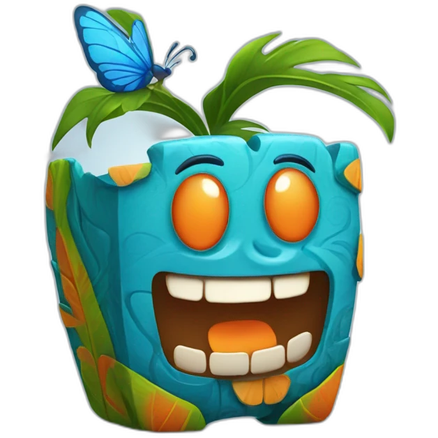 Cartoon Blue and orange smiling tiki with butterfly  emoji