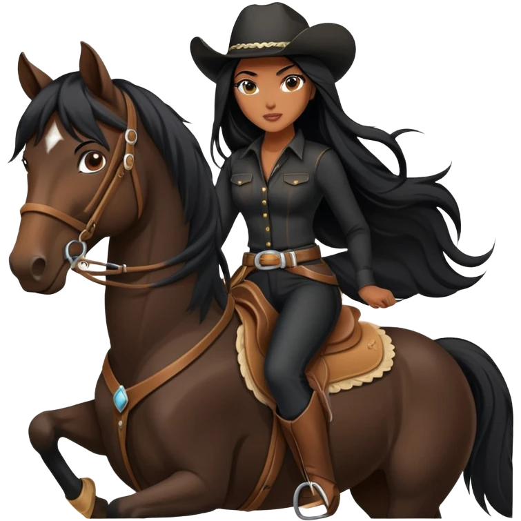 confident hot tanned woman with long black hair wearing black outfit riding a horse cowgirl style emoji
