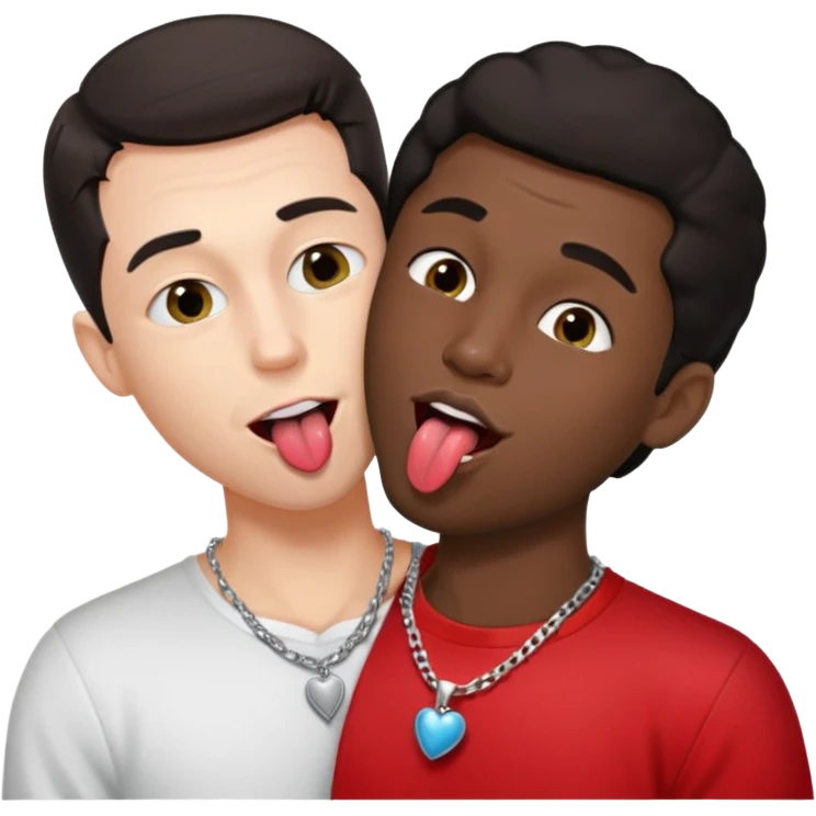 1 White adult male dark hair ,1 black adult male silver necklace, nude,kissing tongue open mouth  emoji