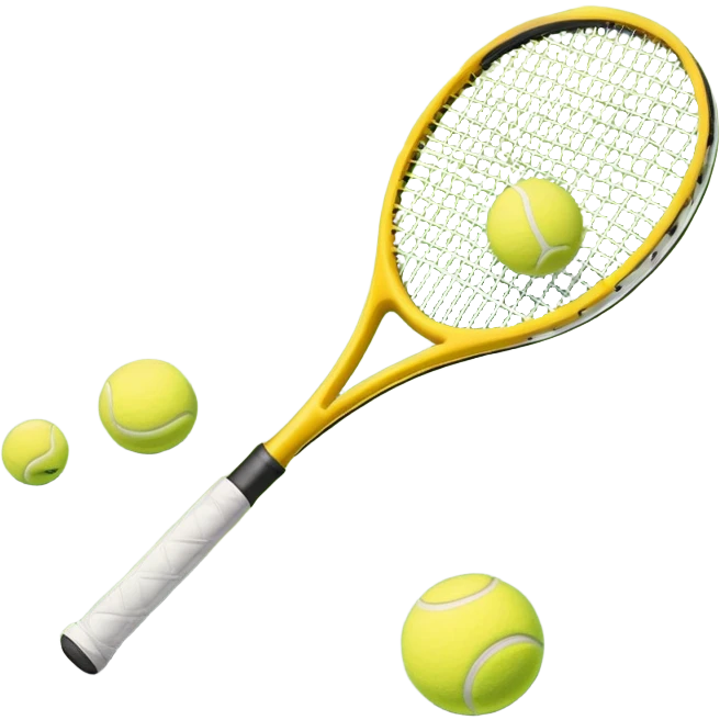 A tennis racket and a ball placed on a grassy court, with the net visible in the background. The scene captures the elegance and energy of the sport, with a vibrant green court and soft sunlight highlighting the equipment. emoji