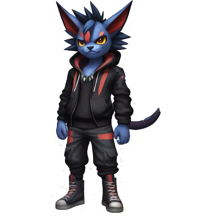 Cool Anthro Black Noivern-Absol-Litten-Pokémon with edgy stripes hoodie spiked collar punk Full Body emoji