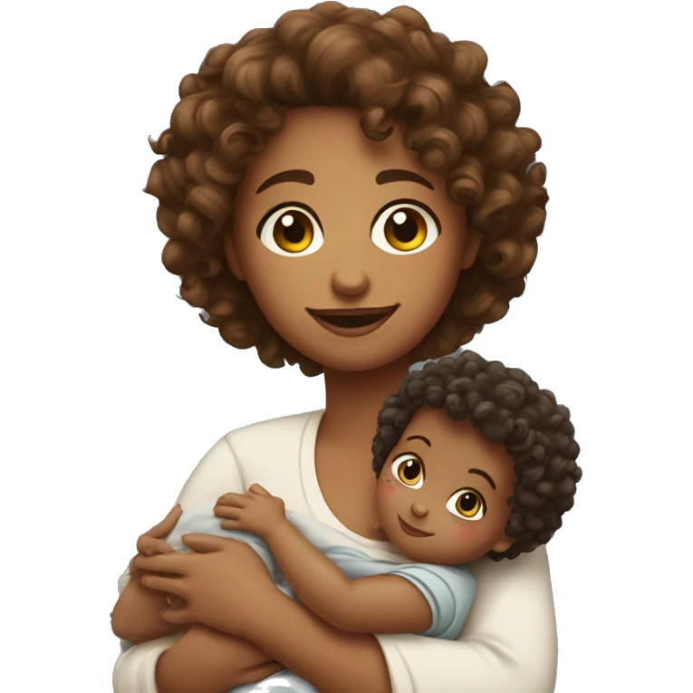 curly-haired girl with a 5 month old baby in her arms emoji