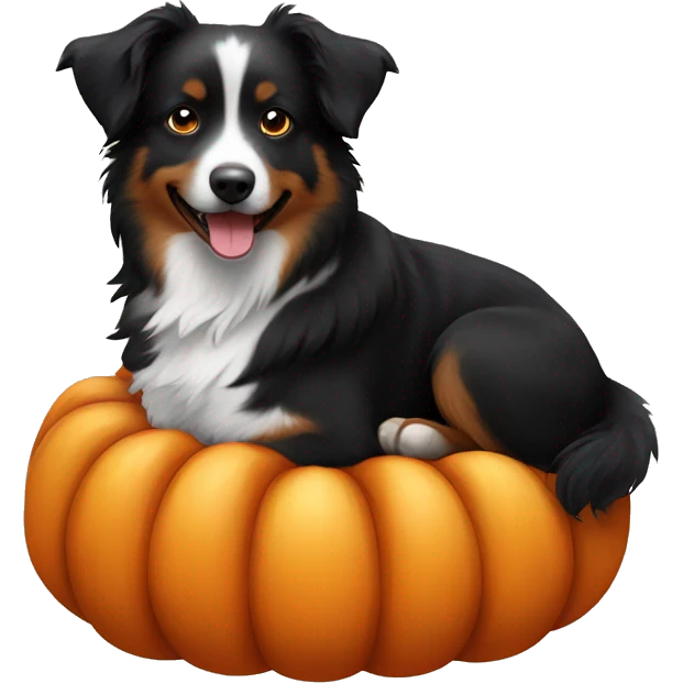 Small black australian shepherd dog in a pumpkin emoji