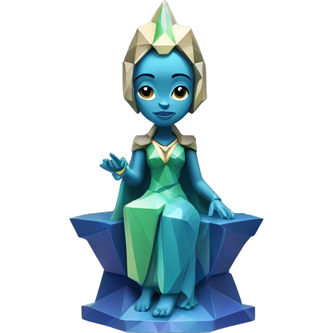 Sculpture oracle priestess with a geometric faceted design with disney features. Oracle of delphi is sparkling and standing upright on a base with angular and flower features. The vibrant blues neutrals and greens highlights the sharp edges and planes.  emoji