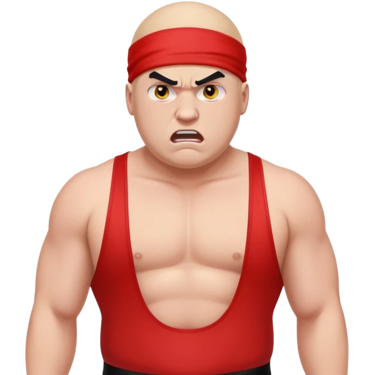 Close-up of white skin fat guy with young face, no muscle with prominent black durag, completely shaved face, no beard or mustache, black eyes in a red and black wrestling singlet with angry face emoji