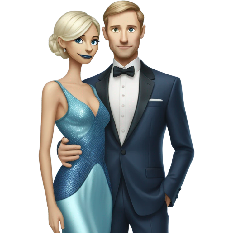 alien reptilian woman, in long slim pastel blue formal party satin dress with gradient shiny sparkling navy blue diamonds embroidered , and caucasian man in black dress emoji