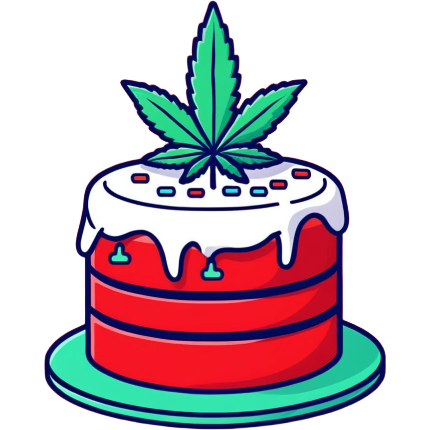 Festive confetti cake with mint leaves and a cannabis leaf as decoration emoji